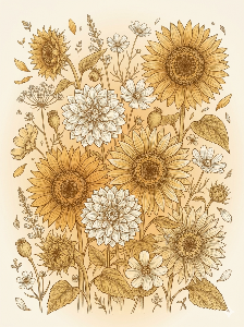Sunflower and wildflower botanical illustration